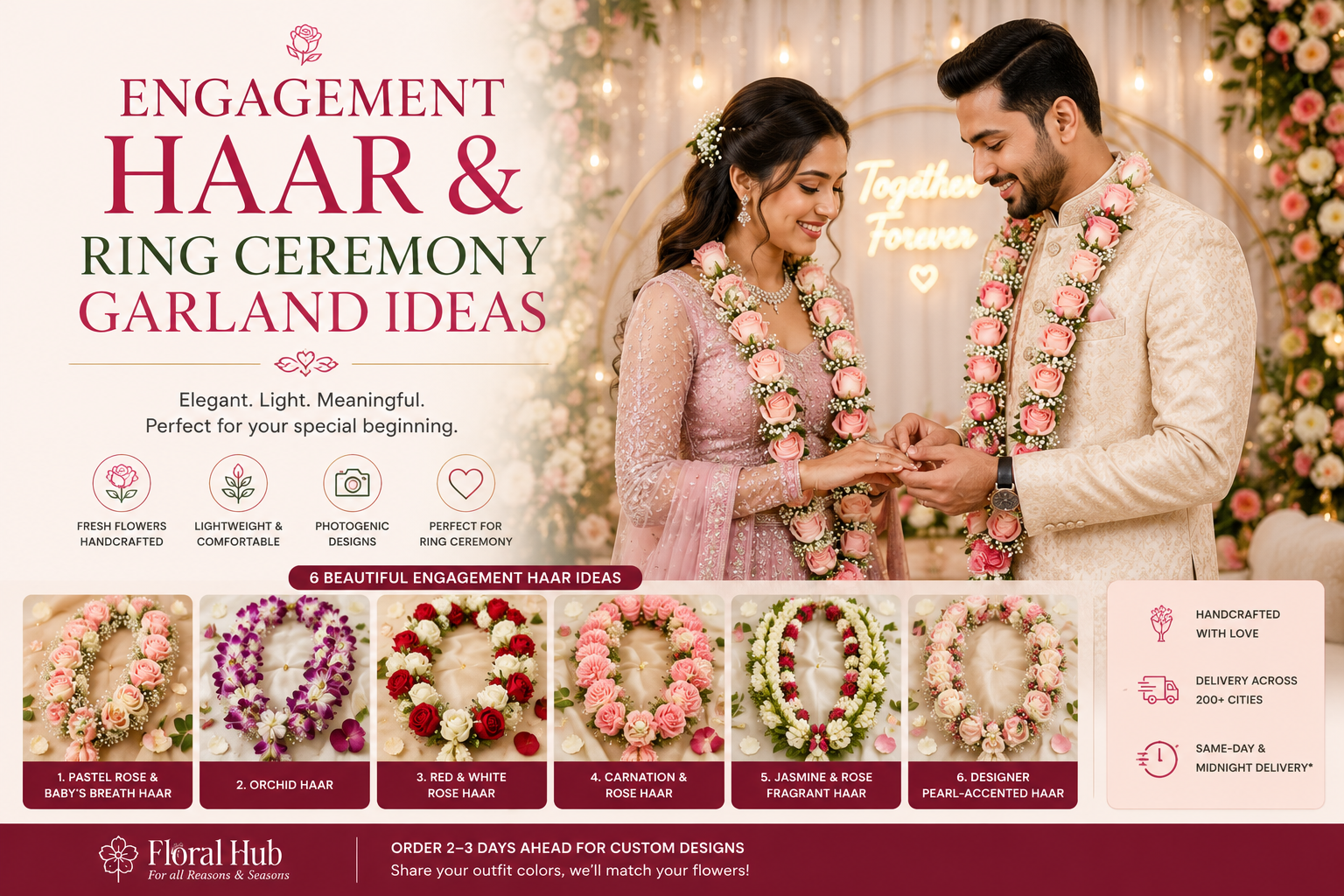 Couple exchanging rings while wearing elegant pastel rose engagement haar garlands during a traditional ring ceremony with floral décor backdrop