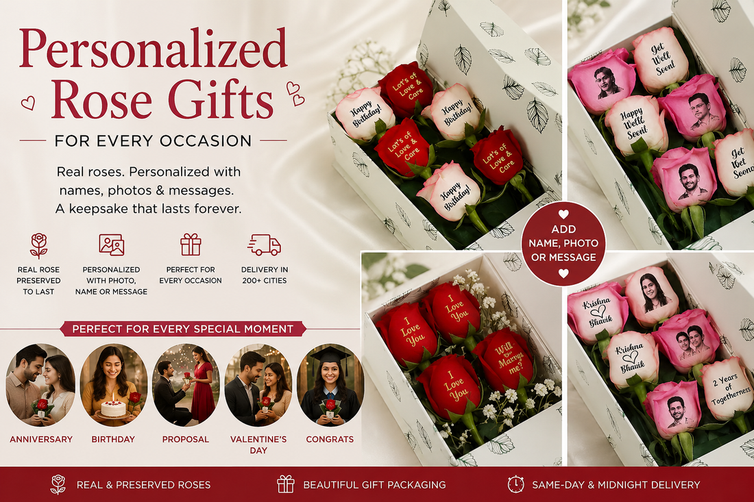 Personalized rose gifts featuring custom photo roses