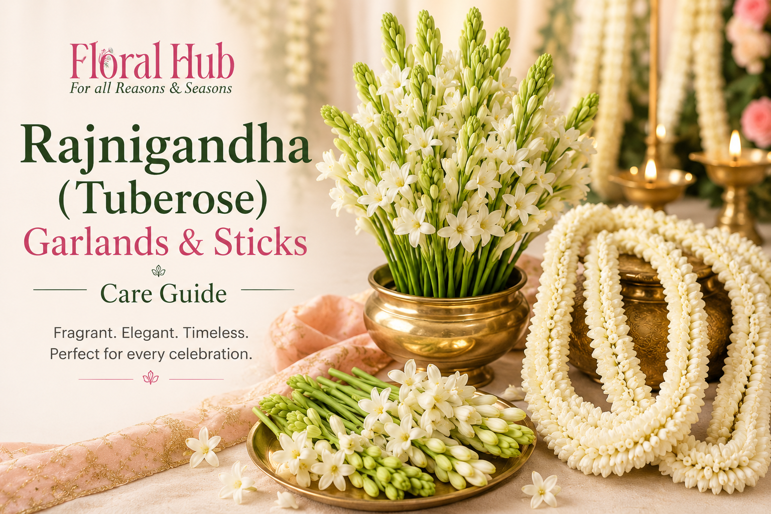 Fresh Rajnigandha (Tuberose) flower sticks and white garlands arranged for wedding decor, floral gifting, and traditional celebrations