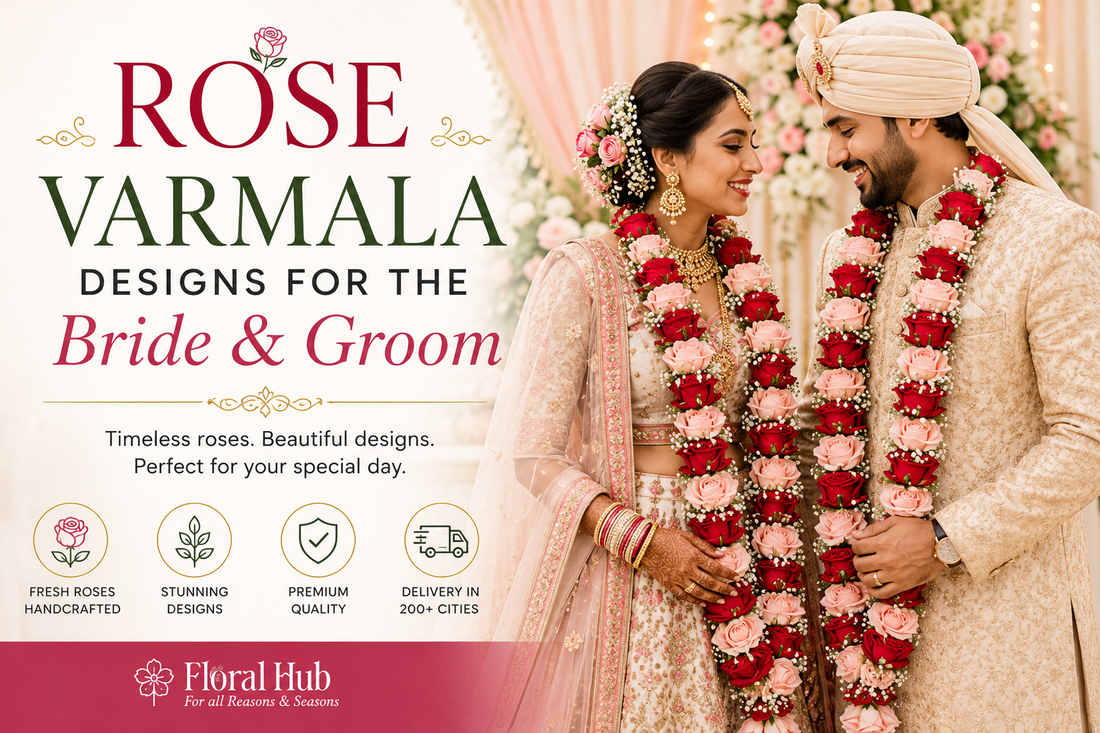 Bride and groom wearing elegant red and pink rose varmala garlands during a traditional Indian wedding ceremony