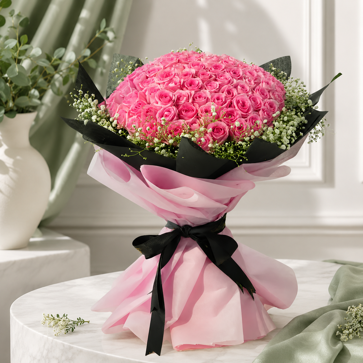 100 Pink Roses & Baby's Breath Bouquet