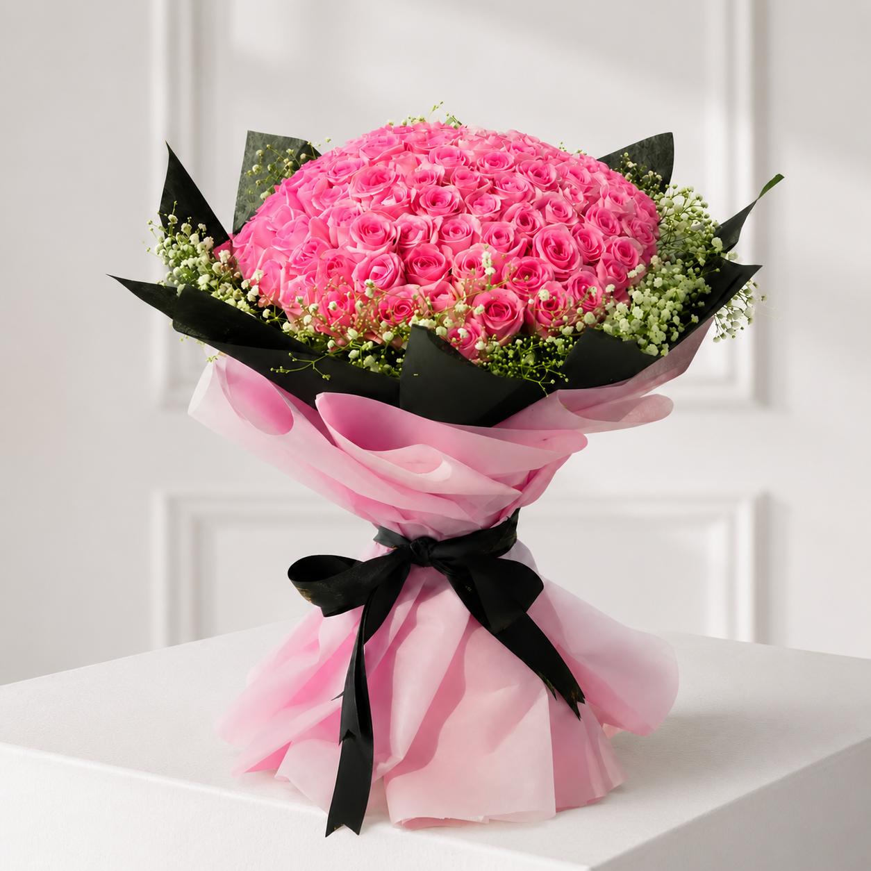 100 Pink Roses & Baby's Breath Bouquet