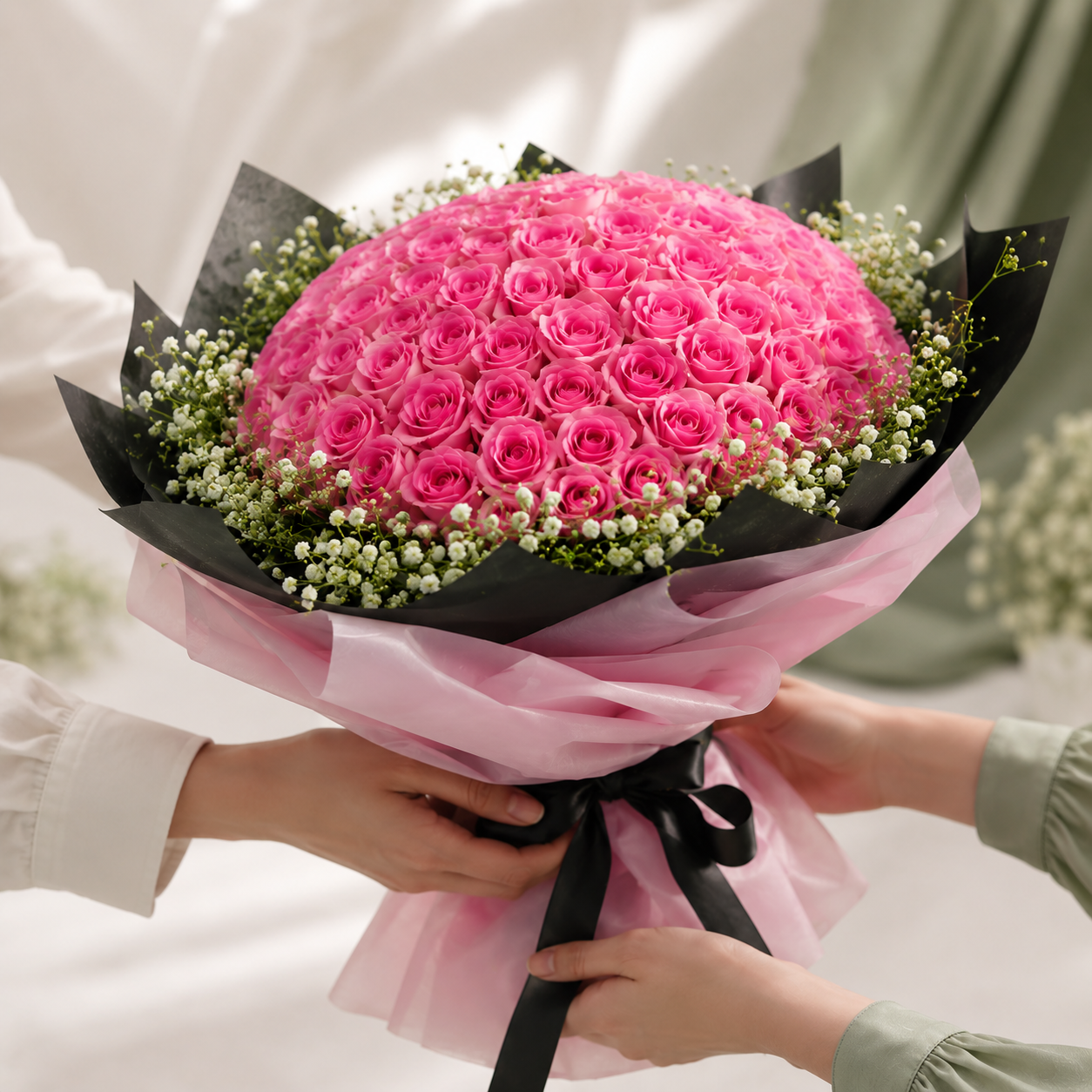 100 Pink Roses & Baby's Breath Bouquet