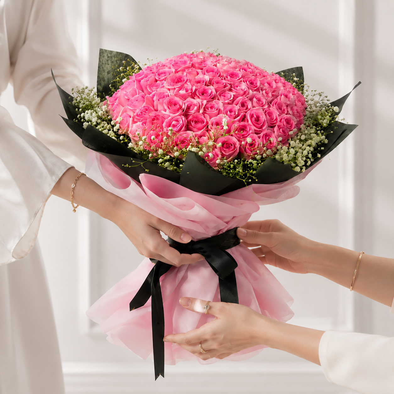100 Pink Roses & Baby's Breath Bouquet