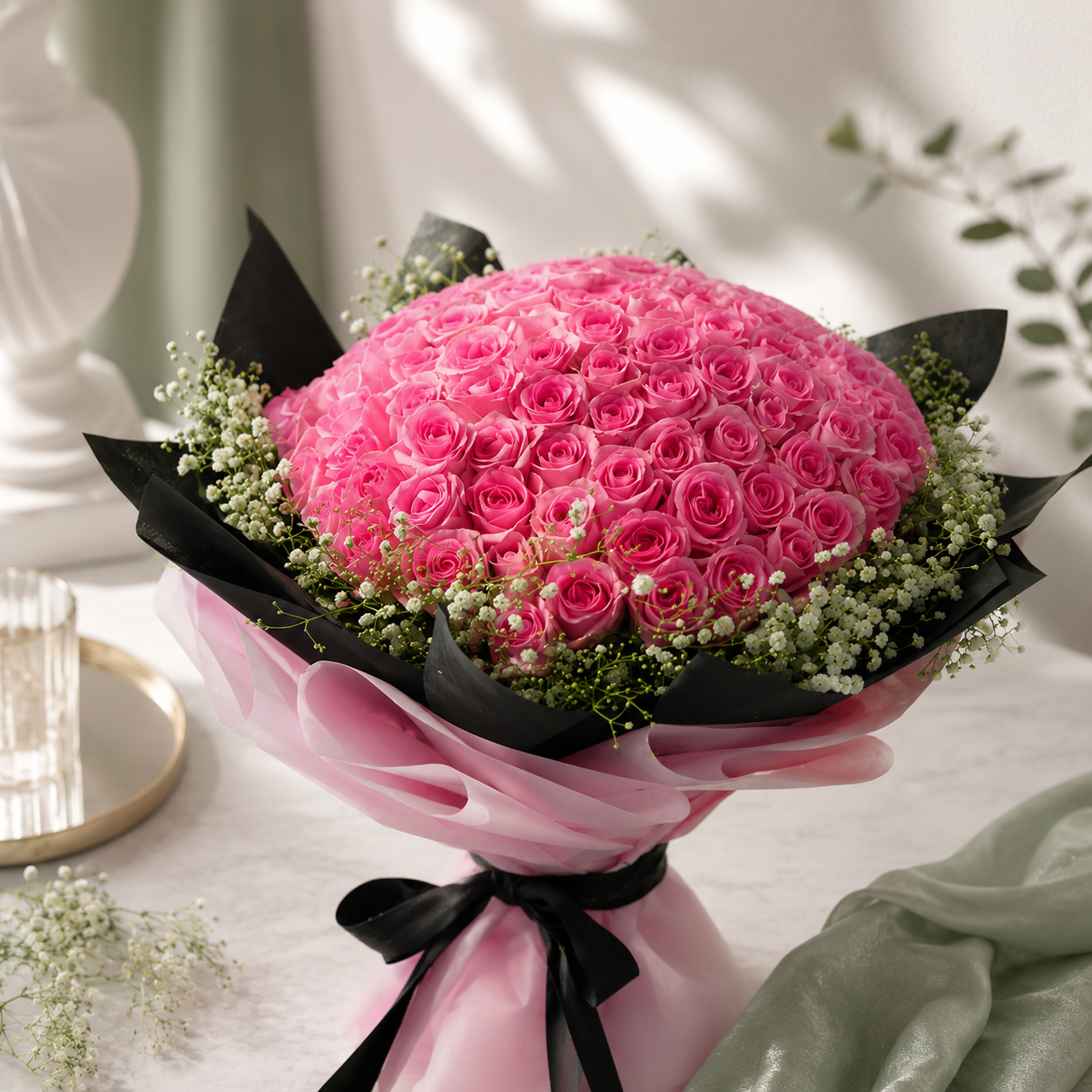 100 Pink Roses & Baby's Breath Bouquet