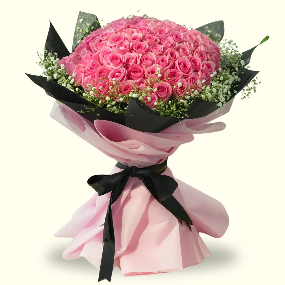 100 Pink Roses & Baby's Breath Bouquet