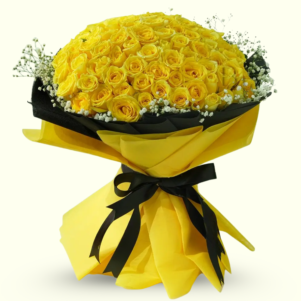 100 Yellow Roses Bouquet with Baby's Breath