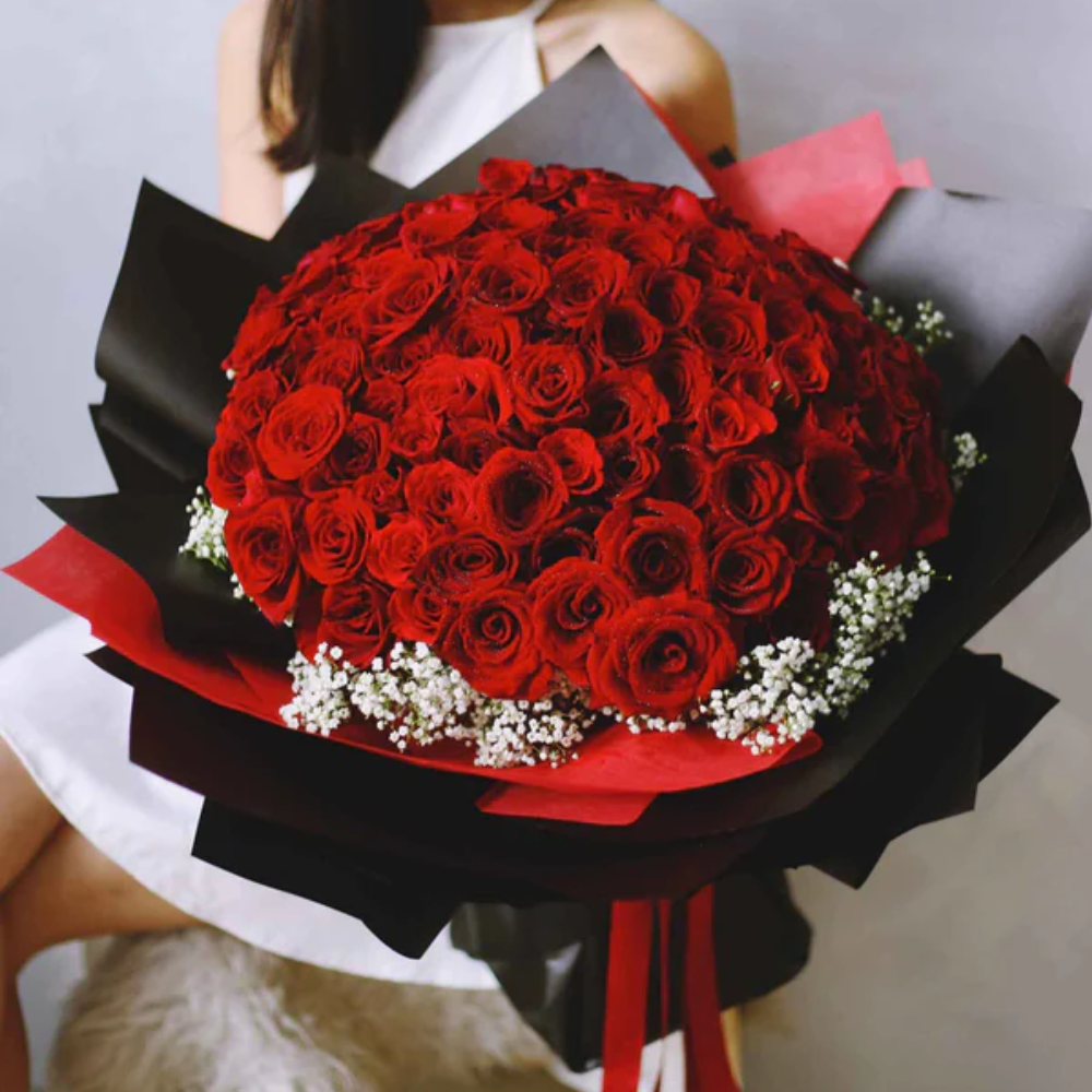 Crafted with 108 Exquisite Deluxe Red Roses for Her