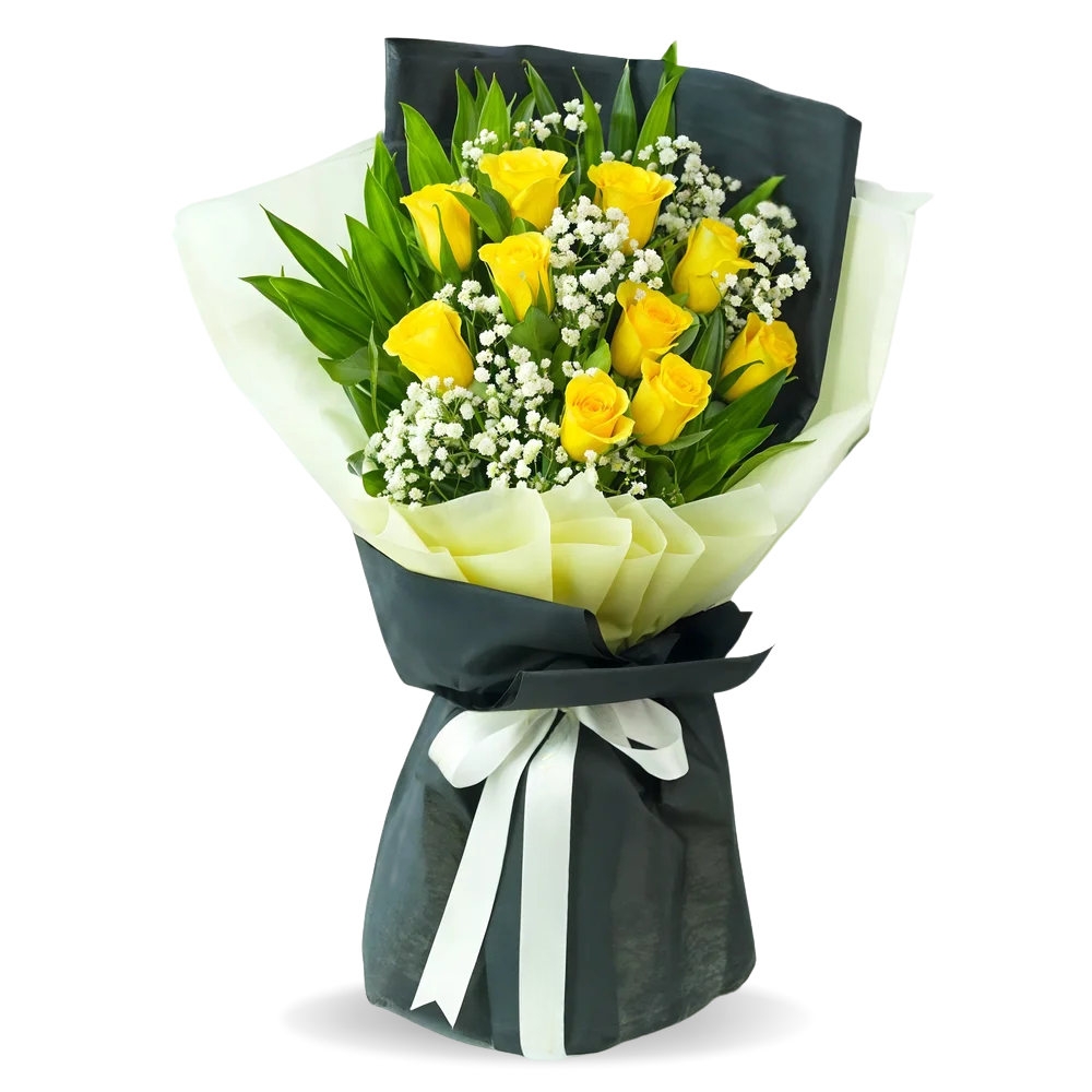 Bright Yellow Roses with Green Fillers and Baby’s Breath