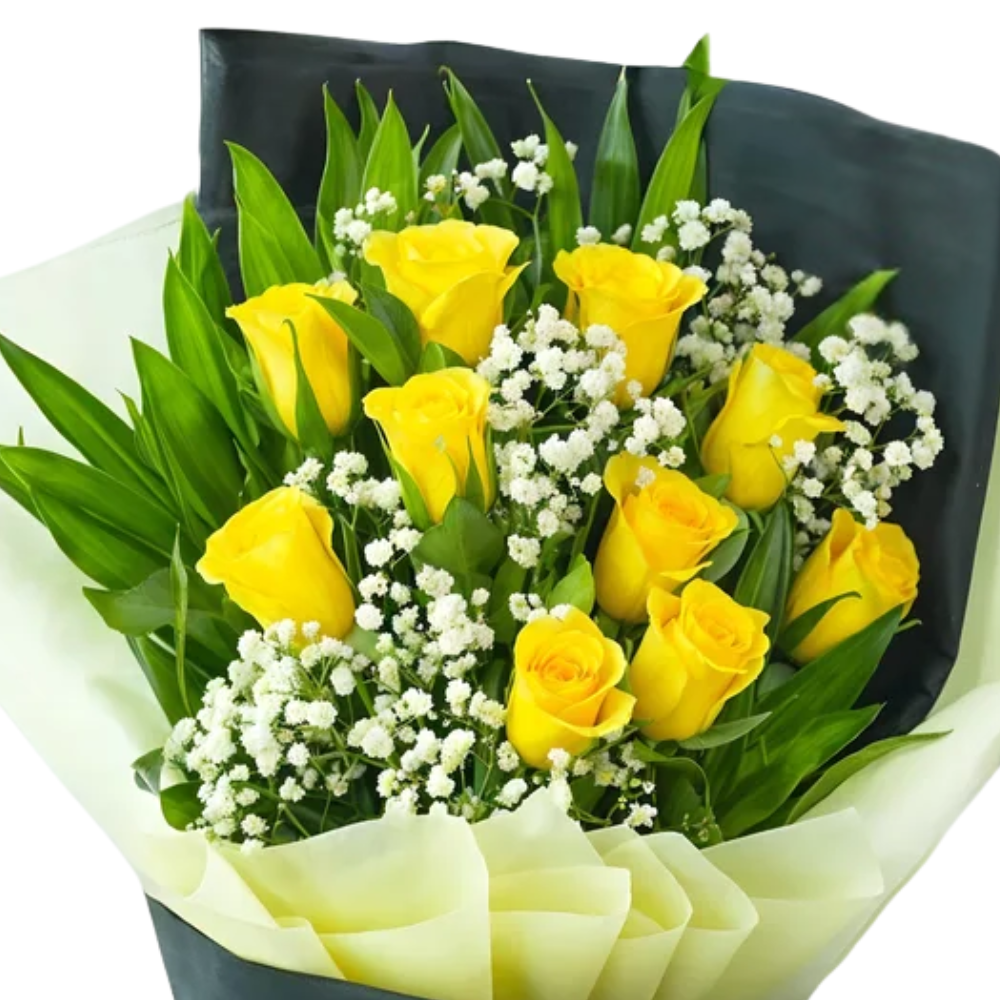 Bright Yellow Roses with Green Fillers and Baby’s Breath