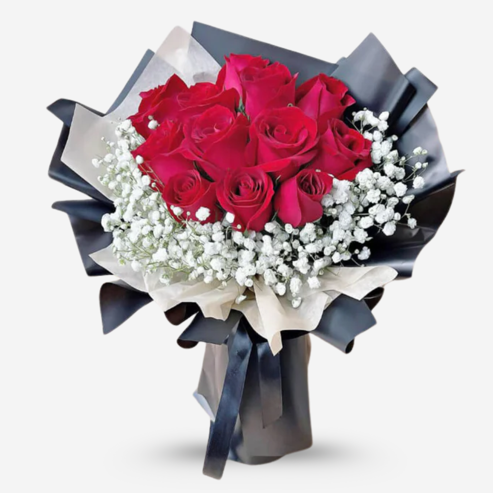 Love Special: 12 Red Roses with Black & White Wrapping