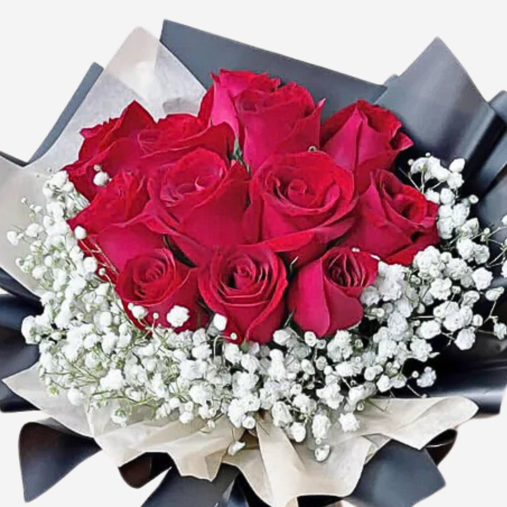 Love Special: 12 Red Roses with Black & White Wrapping