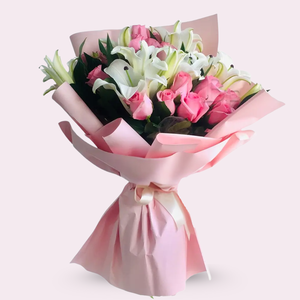 Purity Bouquet – Pink Roses & White Lilies