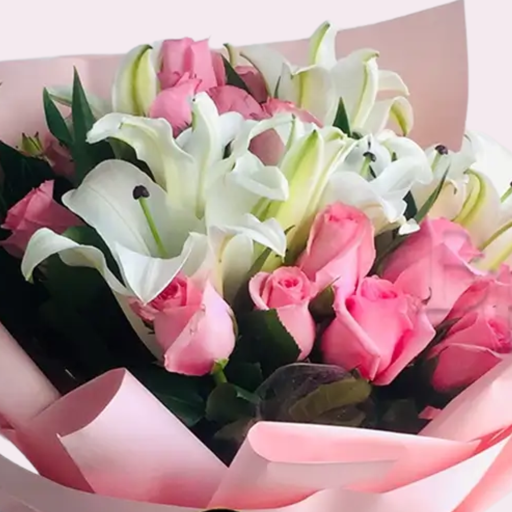 Purity Bouquet – Pink Roses & White Lilies