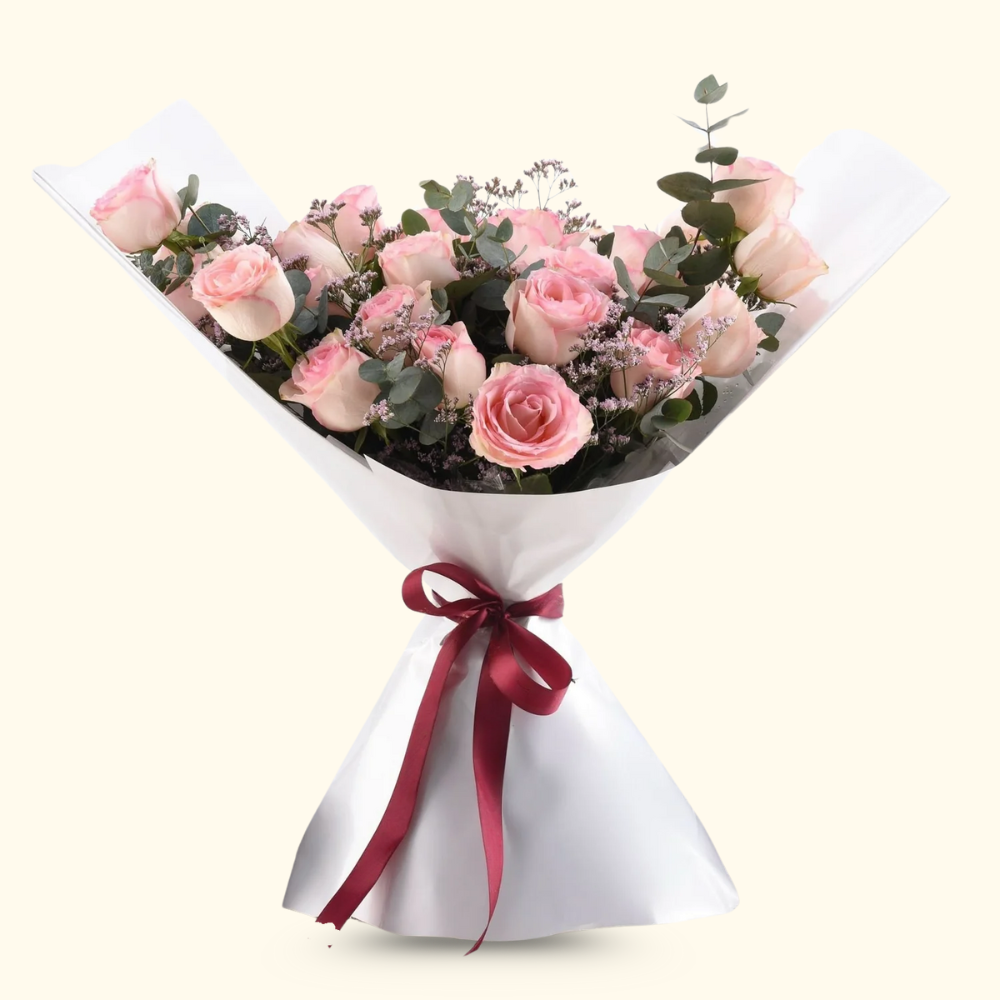 24 Pink Roses Elegant Bouquet in Crisp White Wrapping