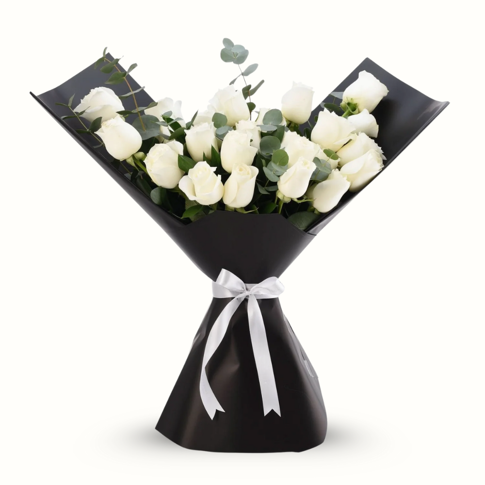 24 White Roses in Sophisticated Black Paper