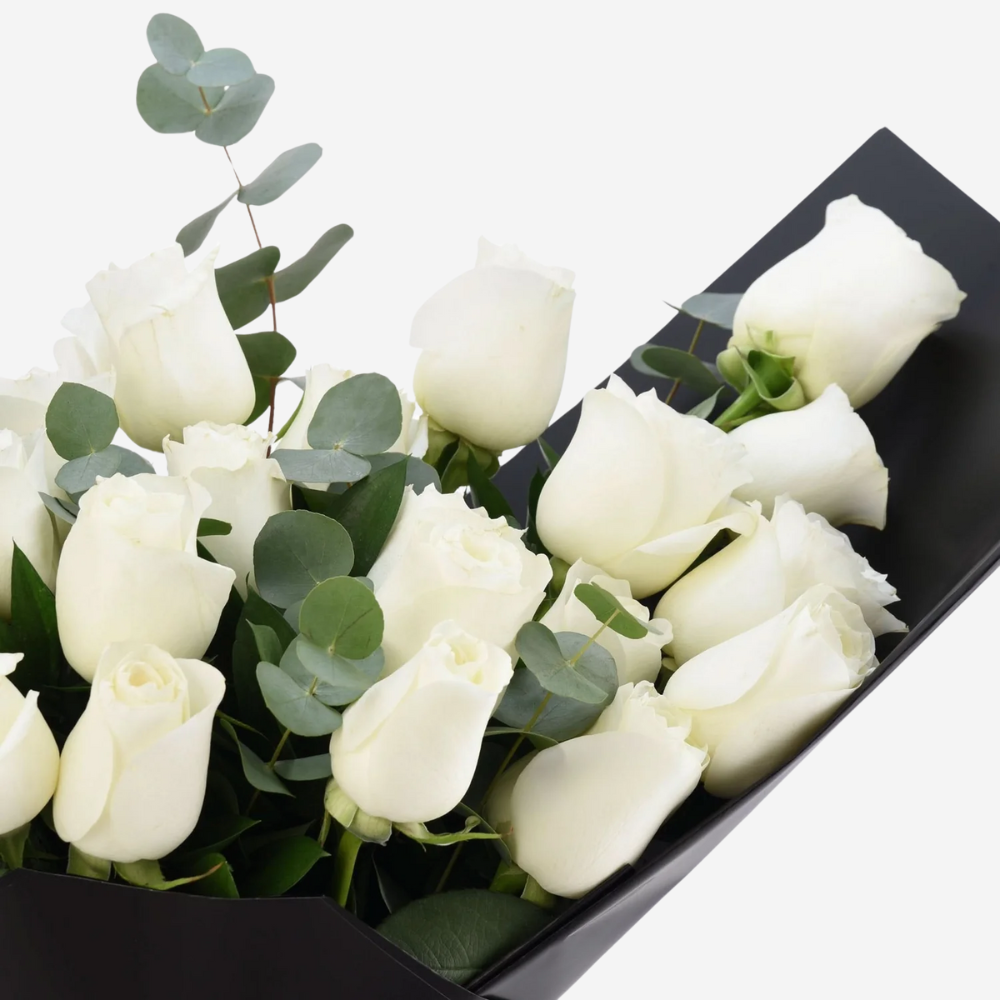 24 White Roses in Sophisticated Black Paper