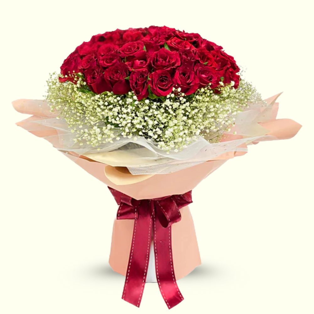 51 Red Top Secret Roses with Baby's Breath