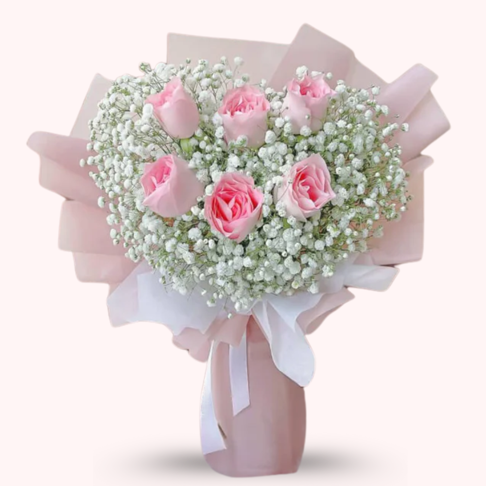6 Baby Pink Roses with Baby's Breath