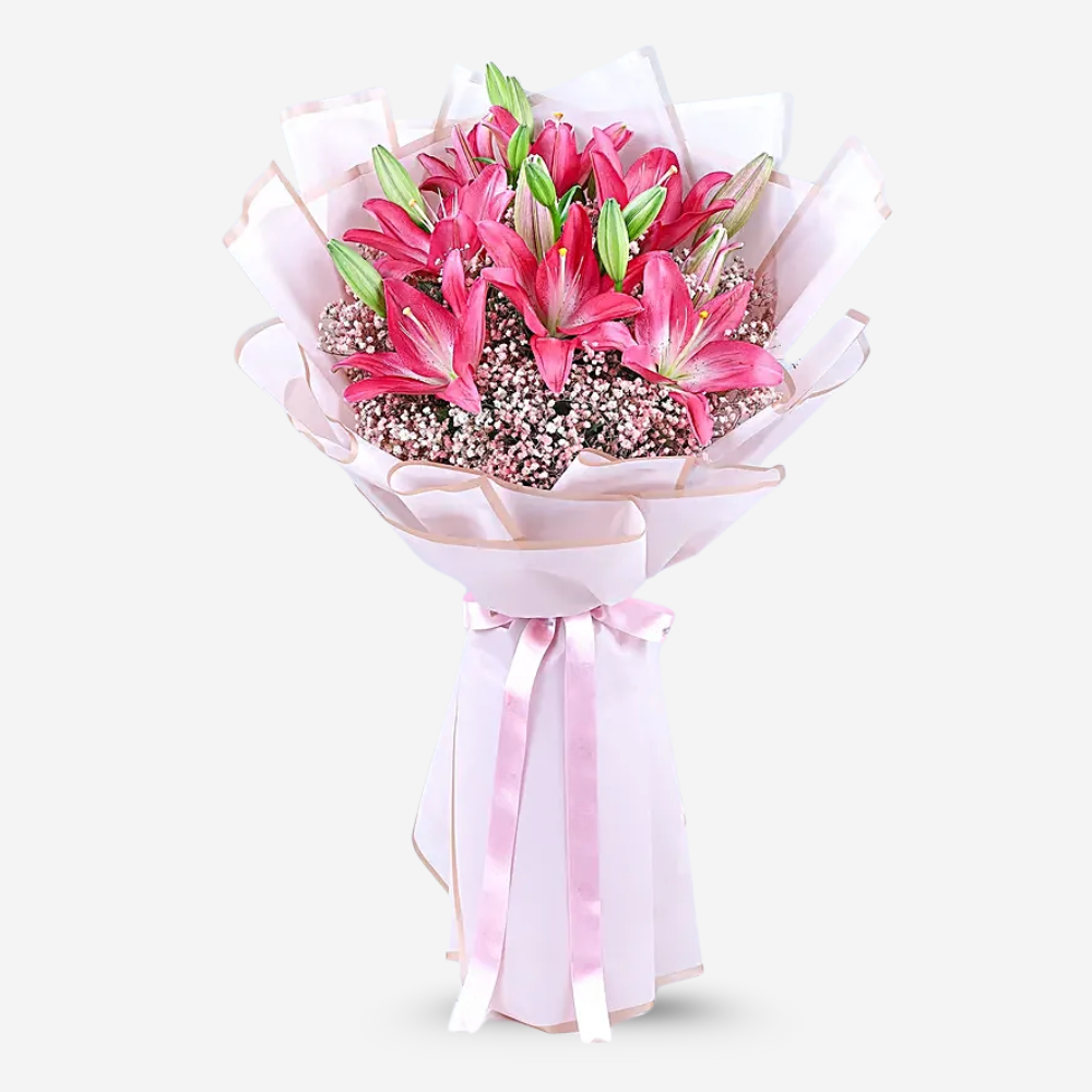 Bouquet of 6 Pink Lilies with Baby’s Breath
