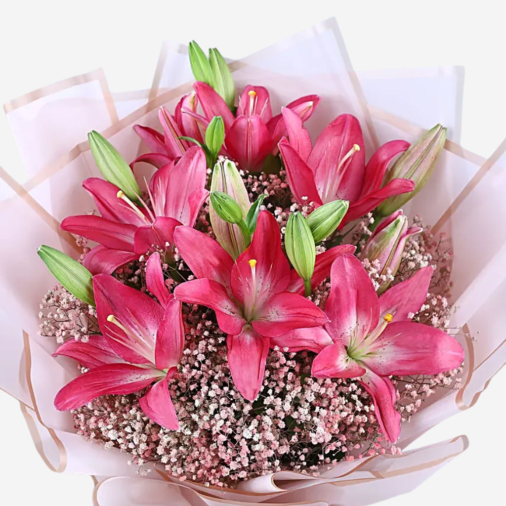 Bouquet of 6 Pink Lilies with Baby’s Breath