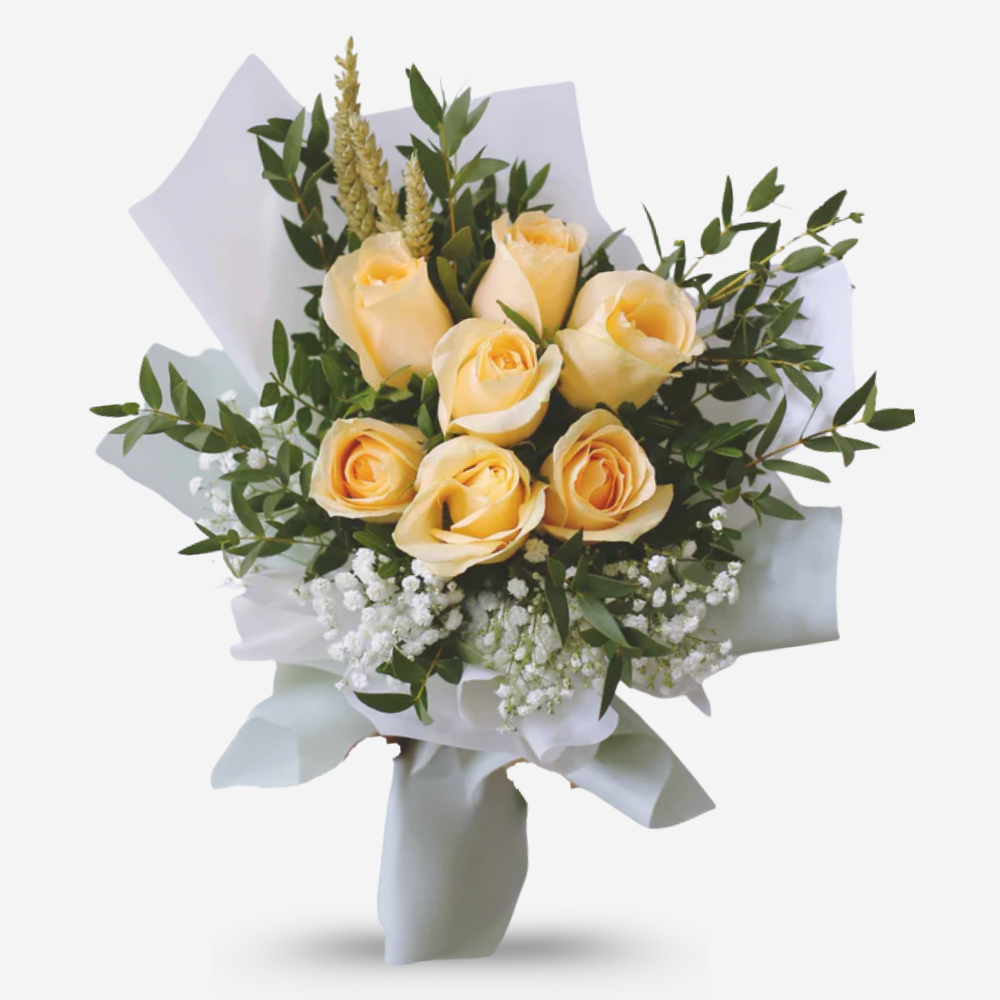 7 Peach Roses hand tie bouquet