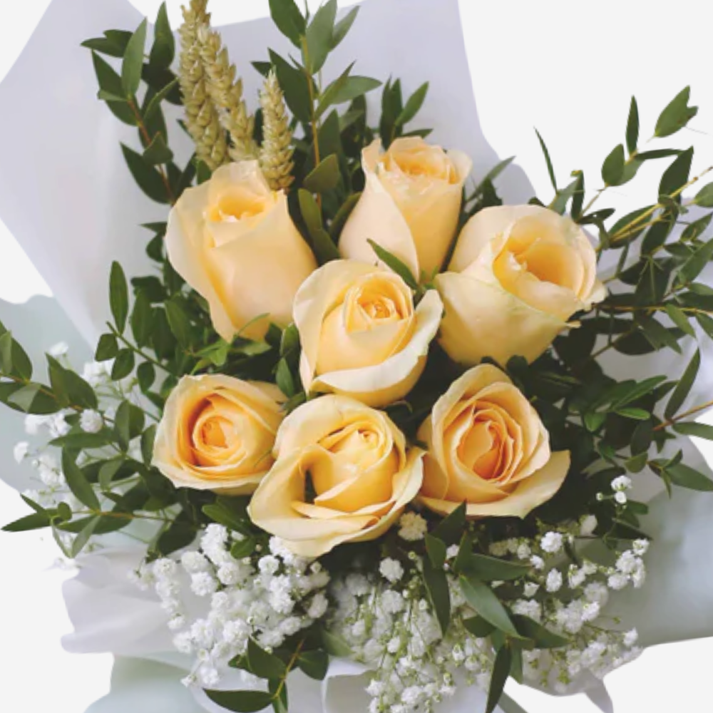 7 Peach Roses hand tie bouquet