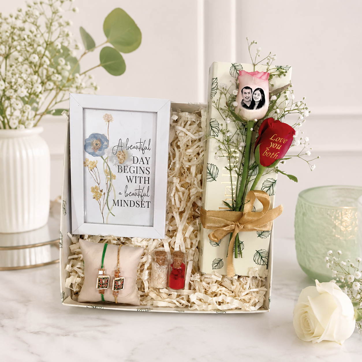 Bhaiya Bhabhi Rakhi Gift Box – Mindset Frame, Custom Roses & Designer Rakhi Set