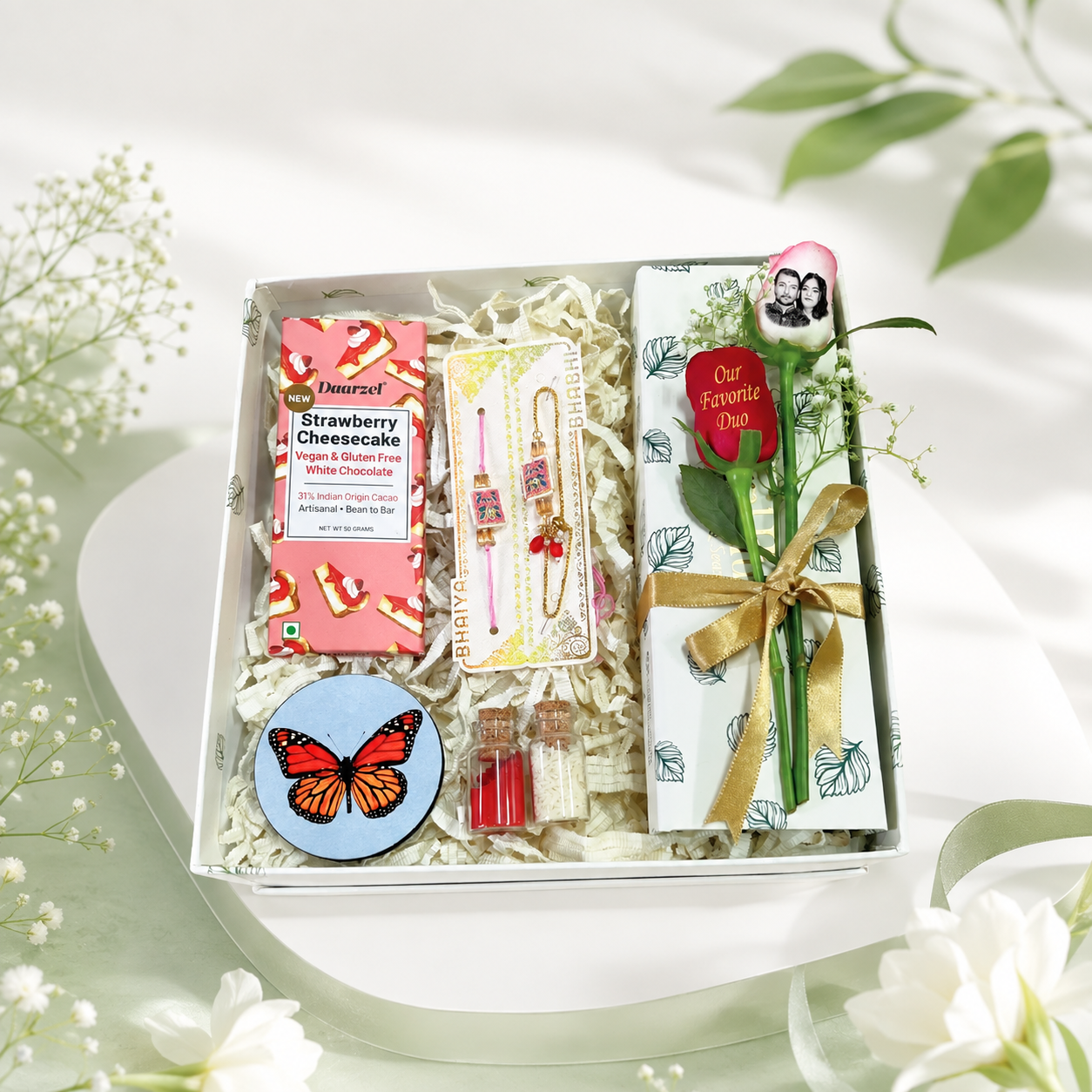 Bhaiya Bhabhi Rakhi Gift Box with Chocolate, Photo Rose