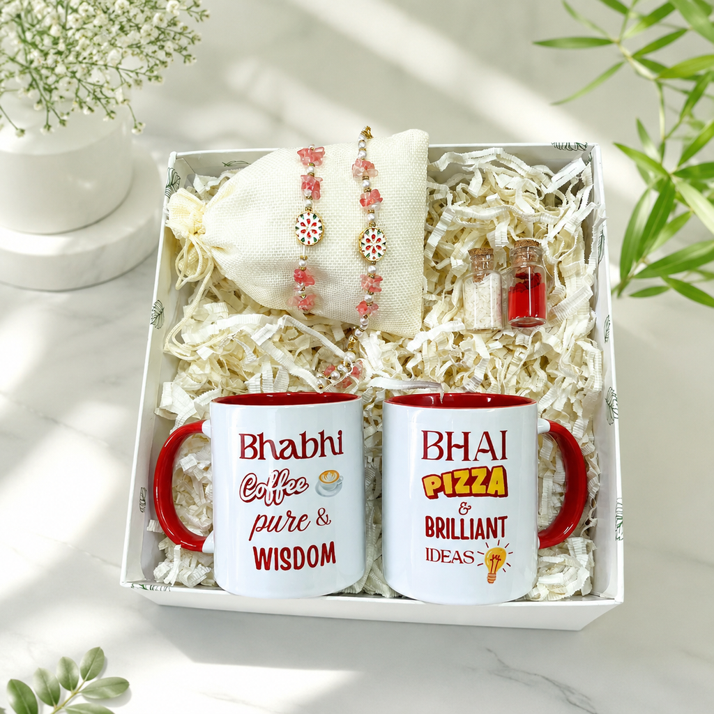 Bhaiya Bhabhi Rakhi Gift Box with Printed Mug Set & Roli Chawal