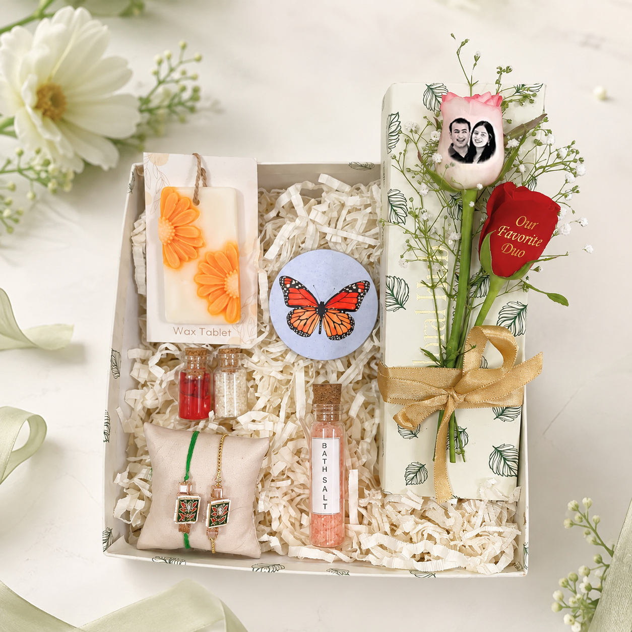 Butter Glow Bhaiya Bhabhi Rakhi Box – Floral Wax, Bath Salt & Roses