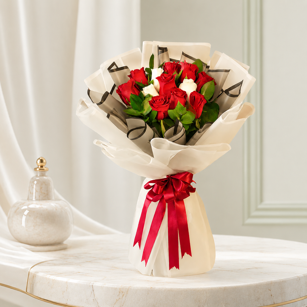 Chic Red & white Roses Bouquet with Baby’s Breath