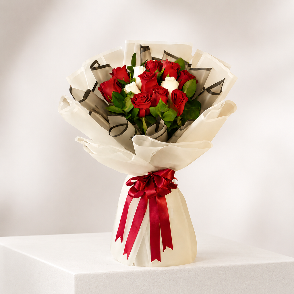 Chic Red & white Roses Bouquet with Baby’s Breath