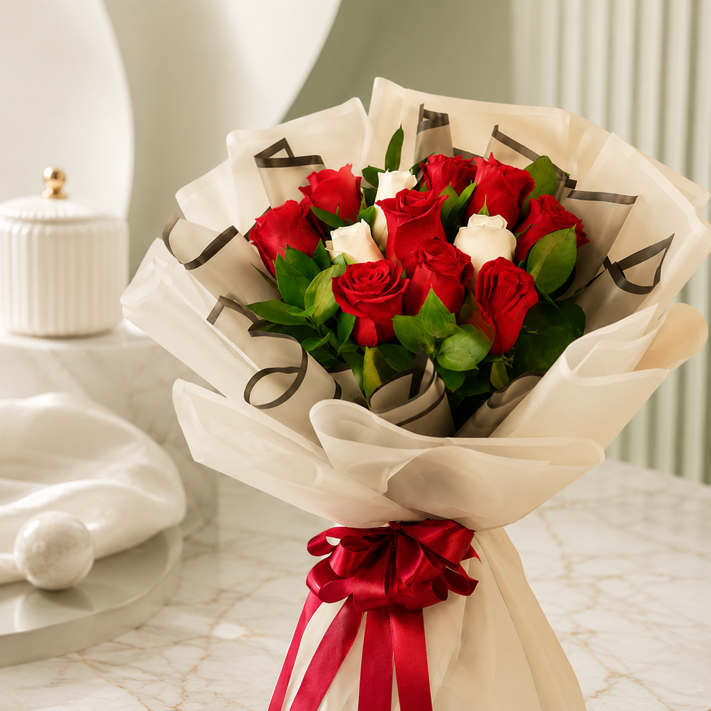 Chic Red & white Roses Bouquet with Baby’s Breath