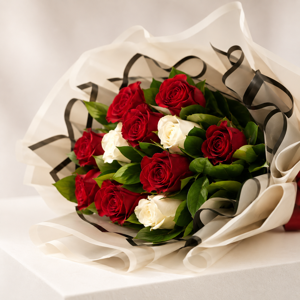 Chic Red & white Roses Bouquet with Baby’s Breath
