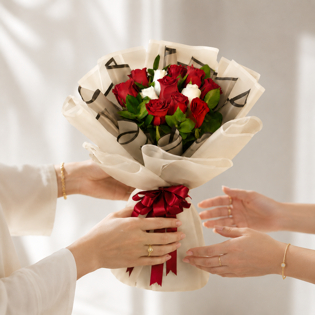 Chic Red & white Roses Bouquet with Baby’s Breath