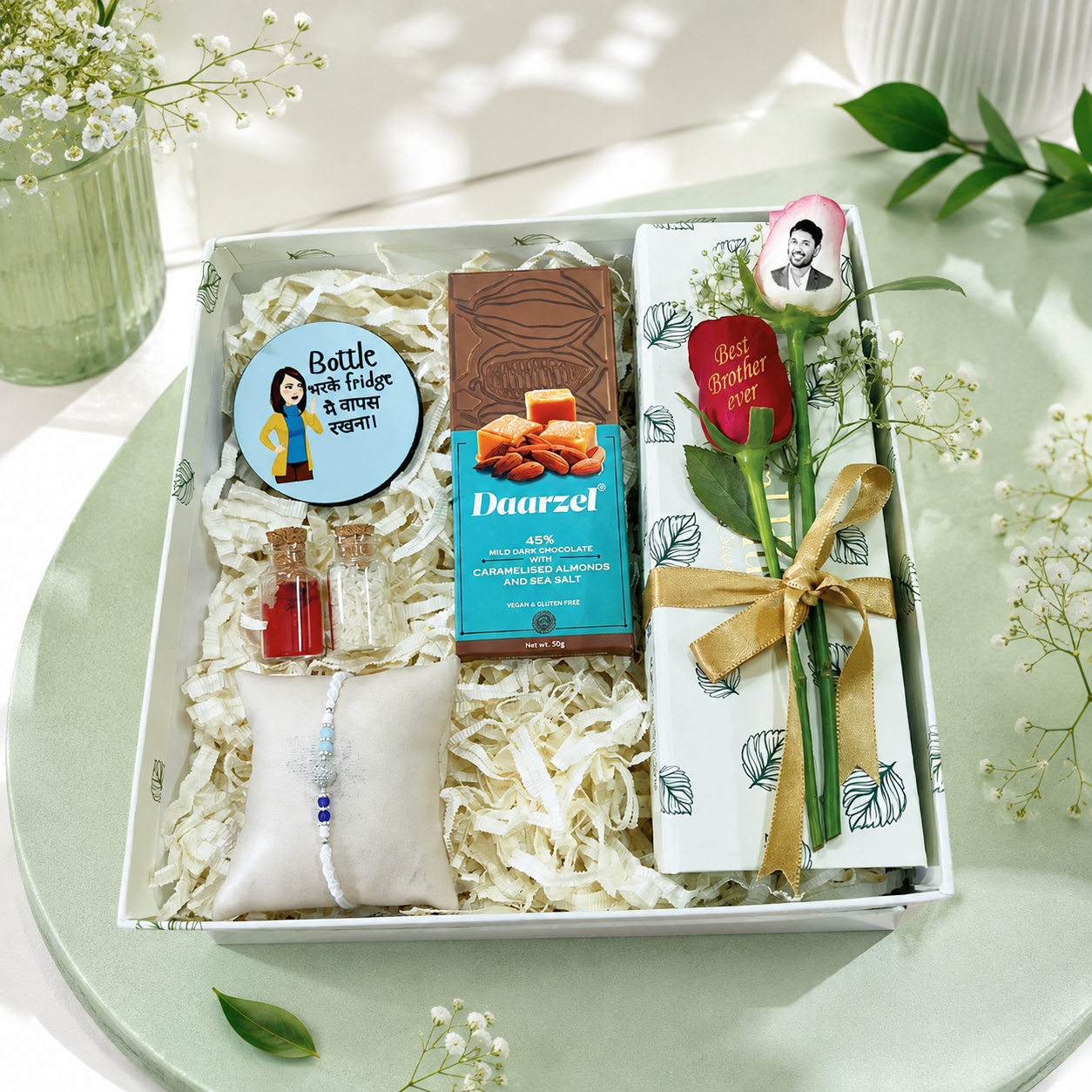Choco Charm Rakhi Gift Box with Beaded Rakhi, Fridge Magnet & Personalized Rose