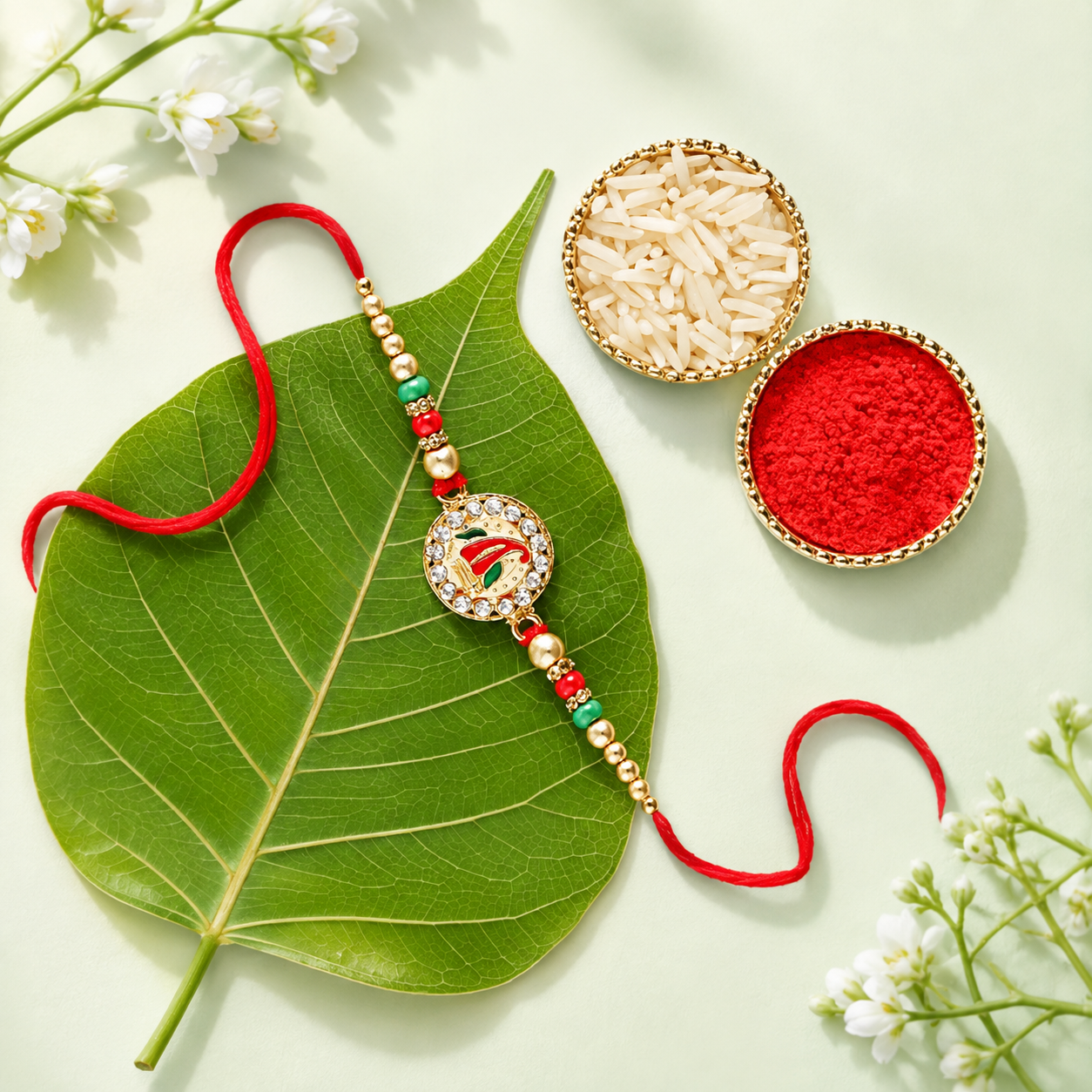 Elegant Ganesha Rakhi with Rice and Kumkum