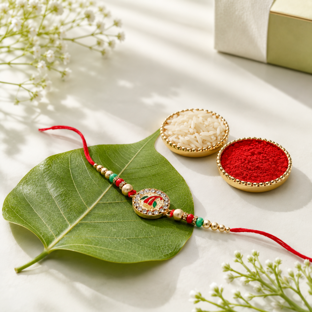 Elegant Ganesha Rakhi with Rice and Kumkum