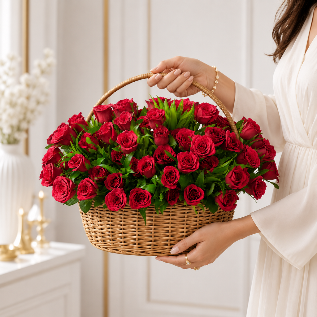 100 Love Roses Basket Arrangement