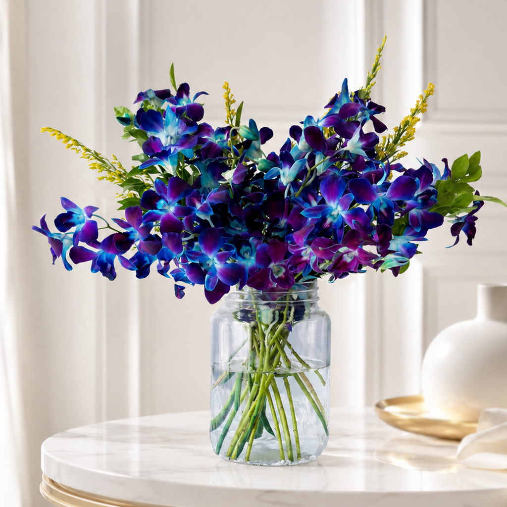 Exquisite 10-Stem Blue  Orchid in Mason Jar
