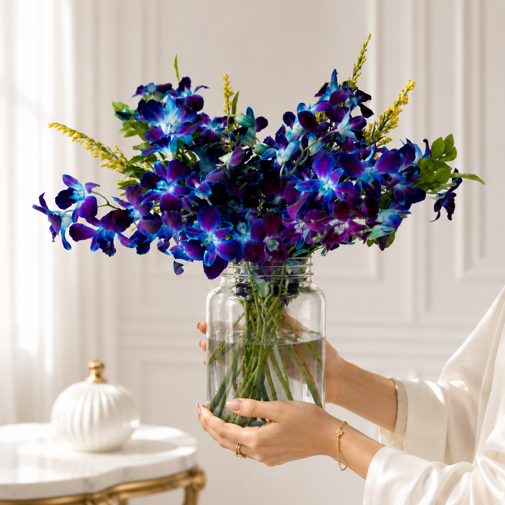 Exquisite 10-Stem Blue  Orchid in Mason Jar