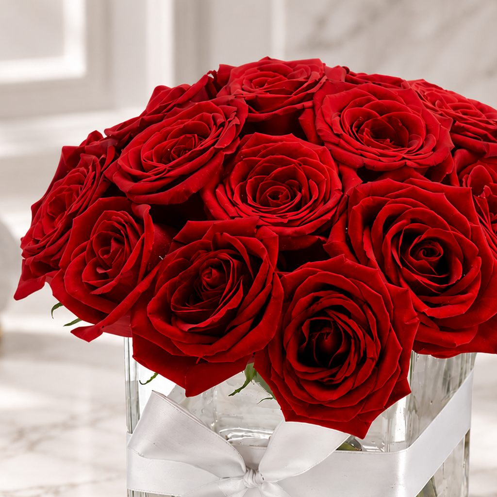 20 Red Roses in Elegant Glass Vase