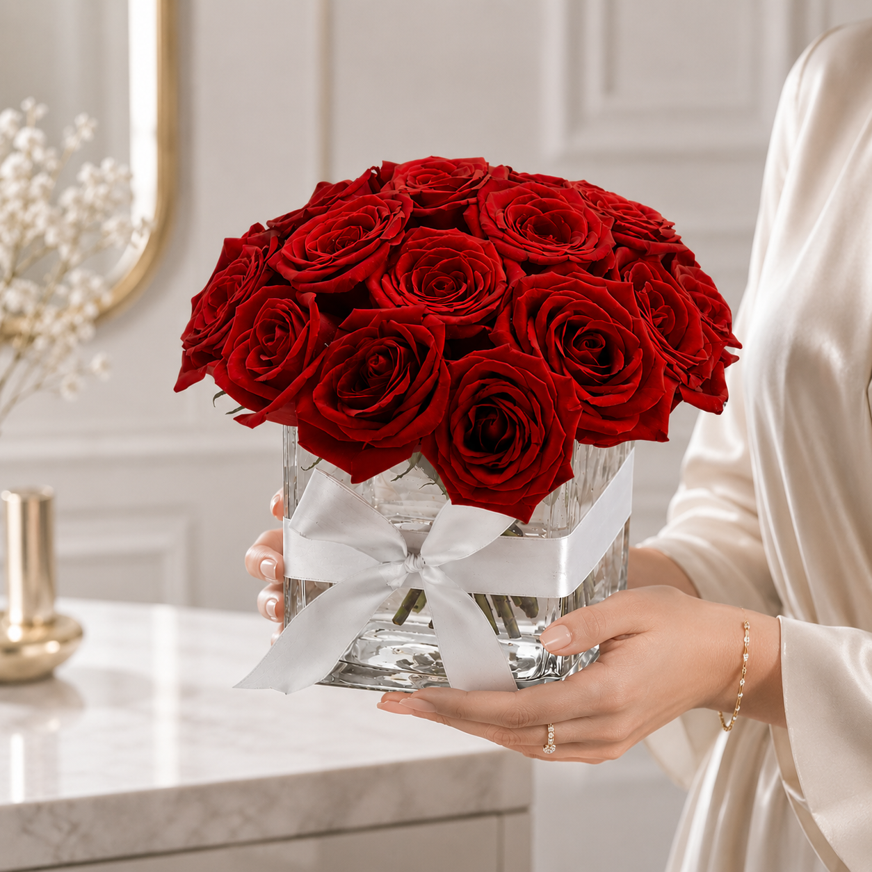 20 Red Roses in Elegant Glass Vase
