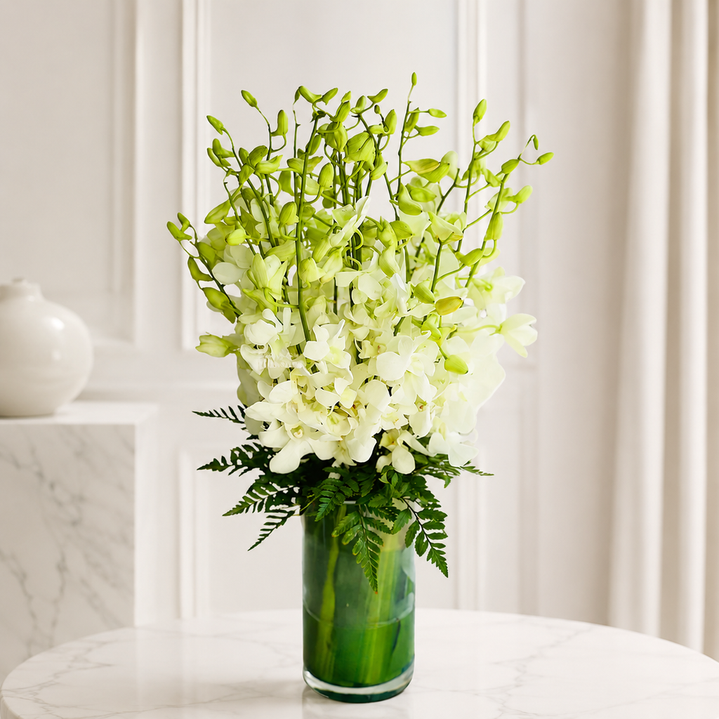 20 White Orchids in Glass Vase
