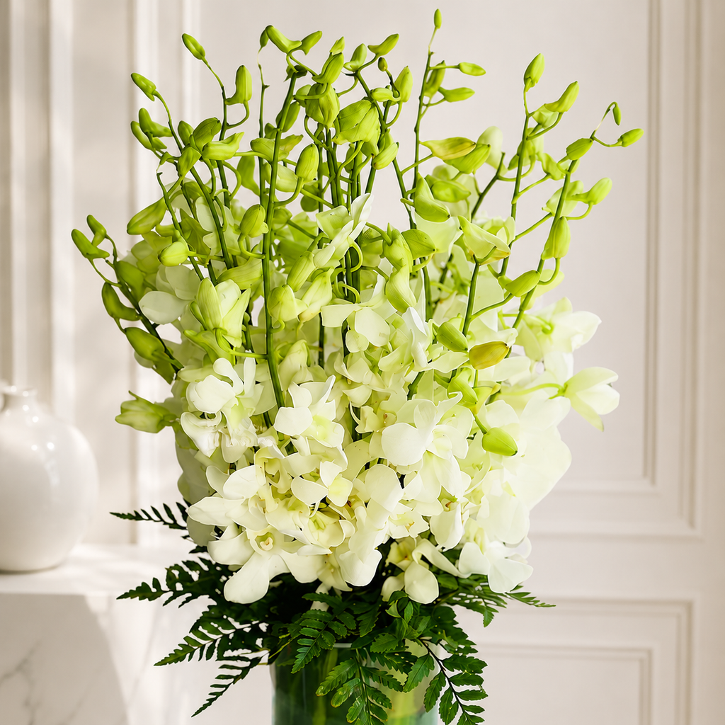 20 White Orchids in Glass Vase