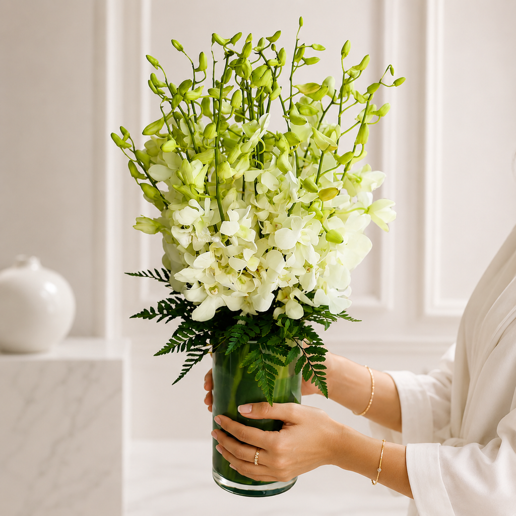 20 White Orchids in Glass Vase