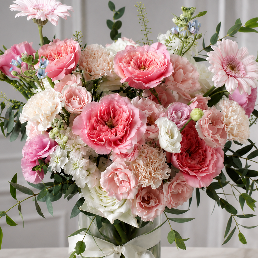 25 Assorted Light Pink Flowers in Elegant Arrangement