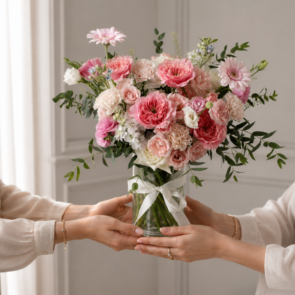 25 Assorted Light Pink Flowers in Elegant Arrangement