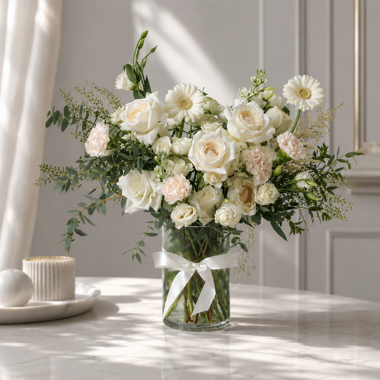 Thoughtful 25 White Assorted Flowers in Glass Vase
